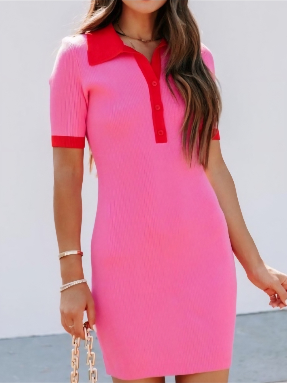 GREY LAB Sz Medium Pink Knit Polo Mini Dress with Red Trim